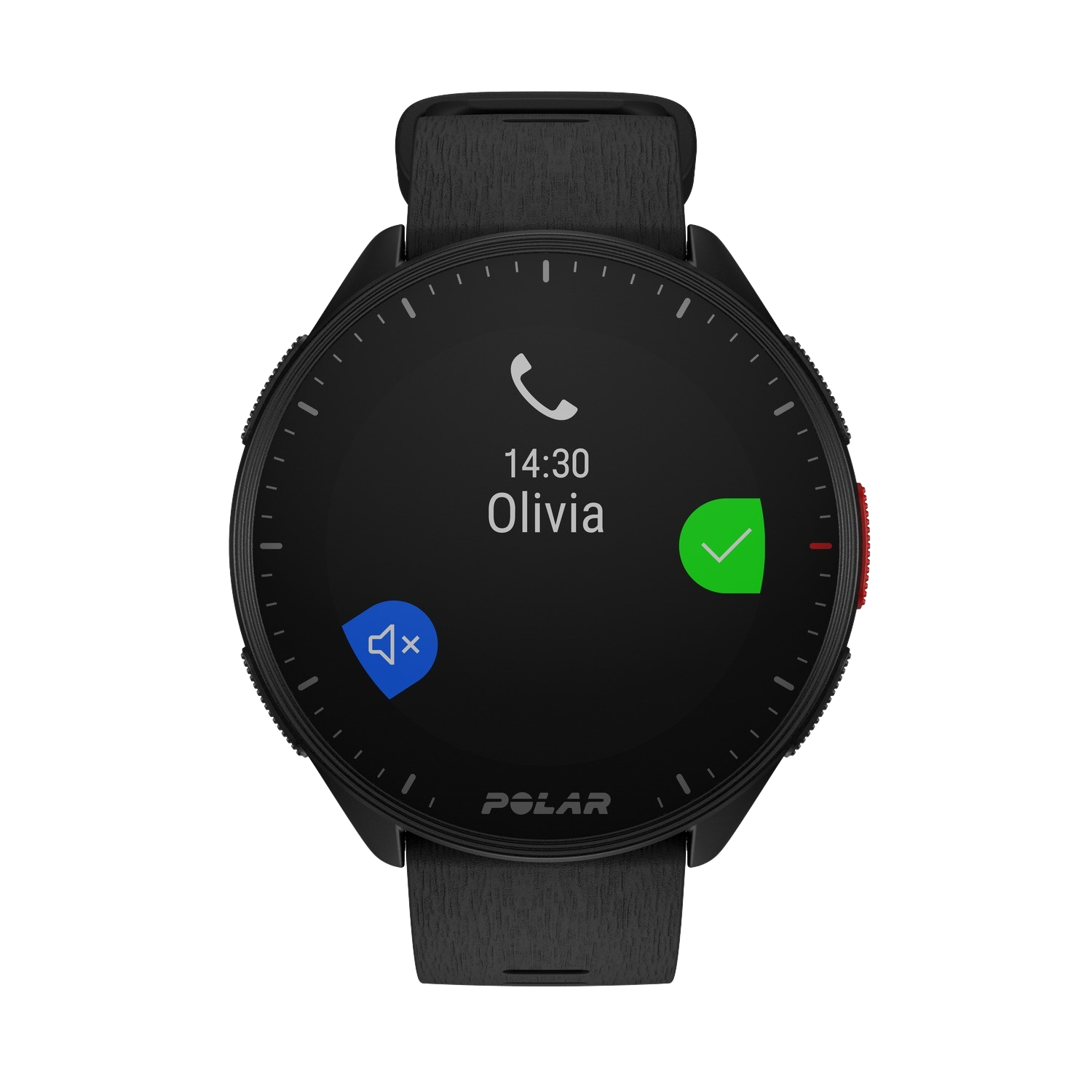 A Polar smartwatch displaying a call from 'Olivia' at 14:30, with options to mute or answer.