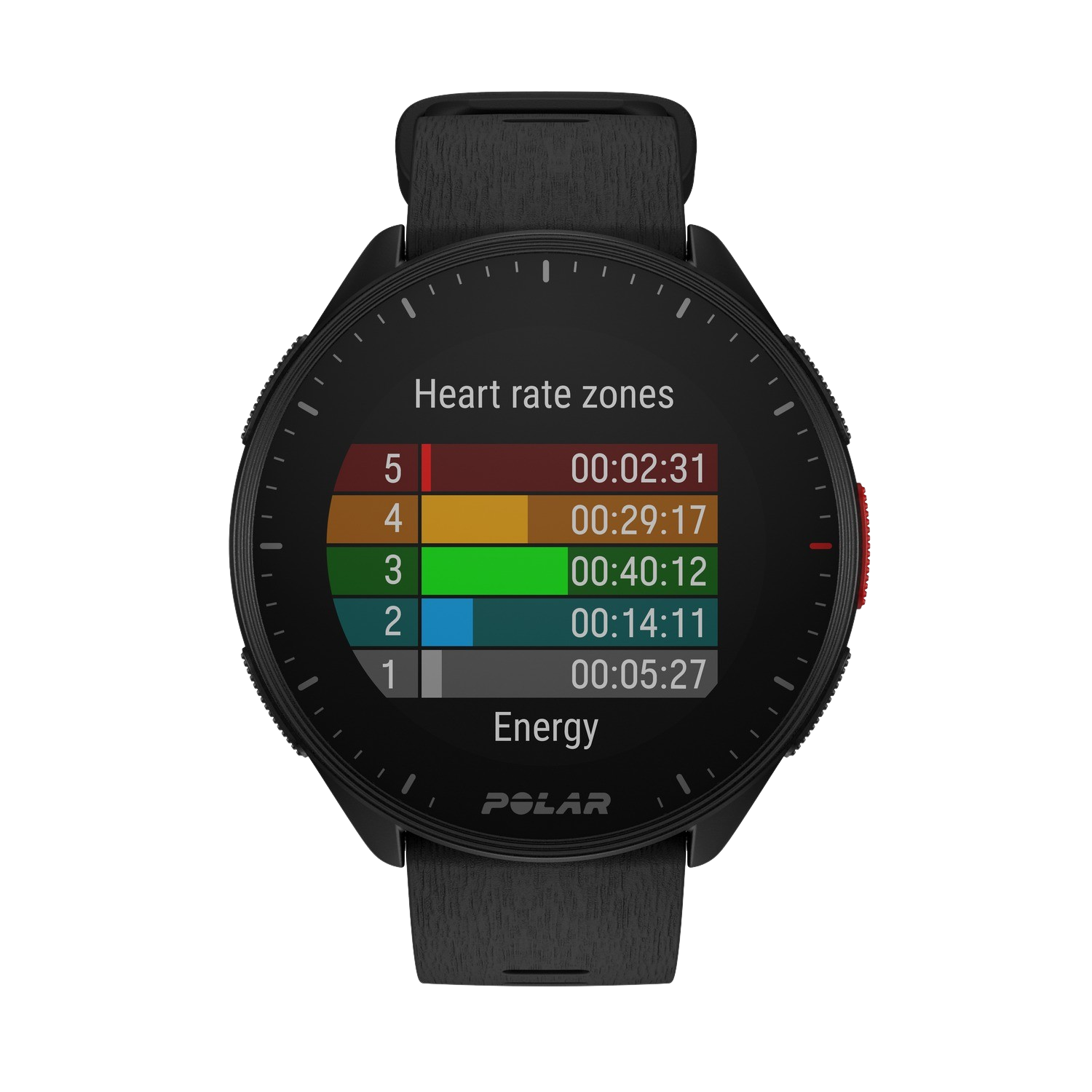 Smartwatch showing heart rate zones and time. Black band and face with text.