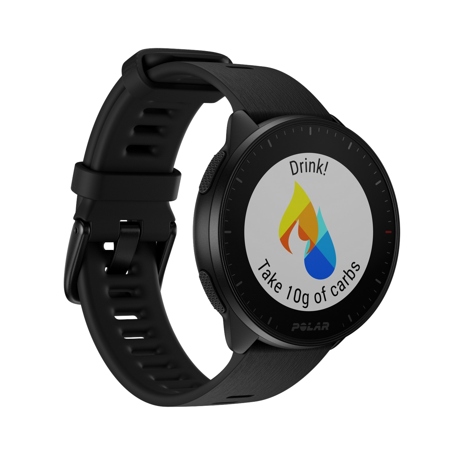 Black Polar smartwatch displaying hydration reminders. A flame and water droplet graphic is on the screen.