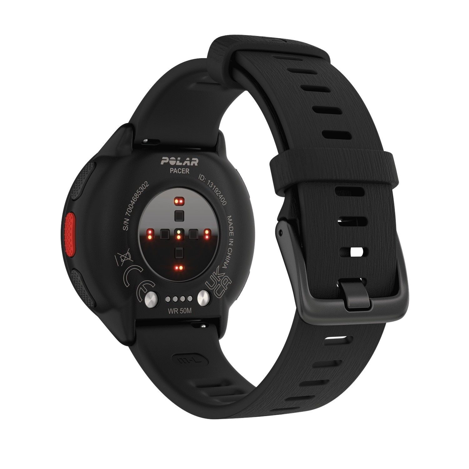 Black Polar Pacer watch, showing the back with sensors, band attached, and logo.