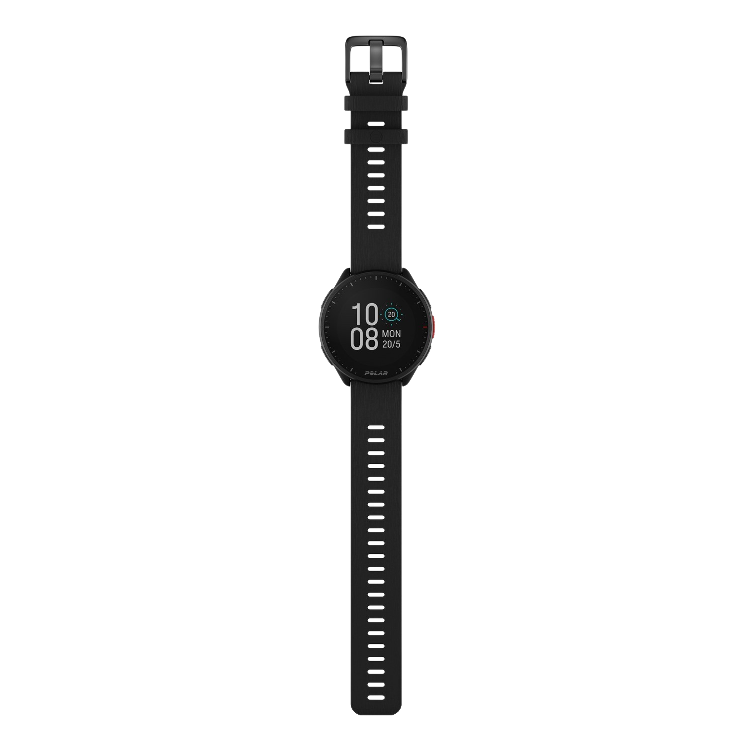 A black smartwatch on a black background. Shows the date and time. The strap is black.