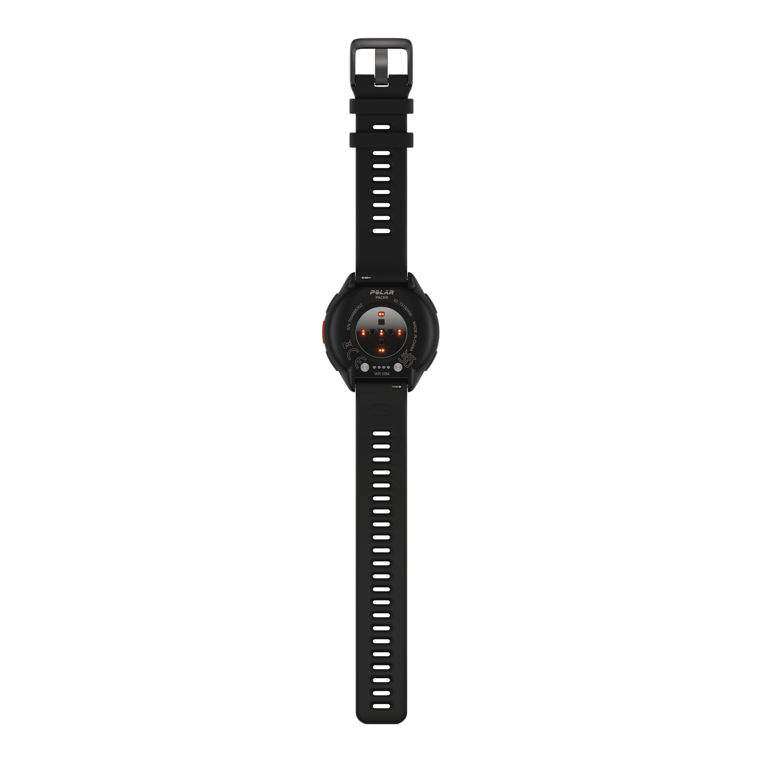 A black Polar smartwatch, showing the underside.