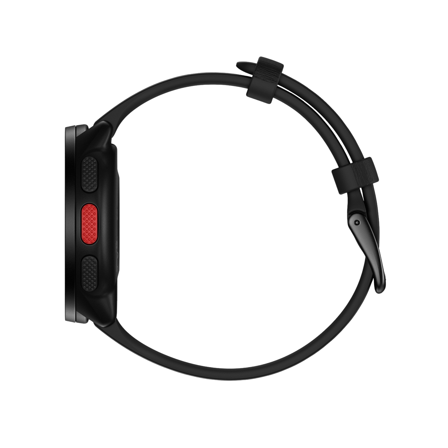 Side view of a black smartwatch with a red button and black strap.