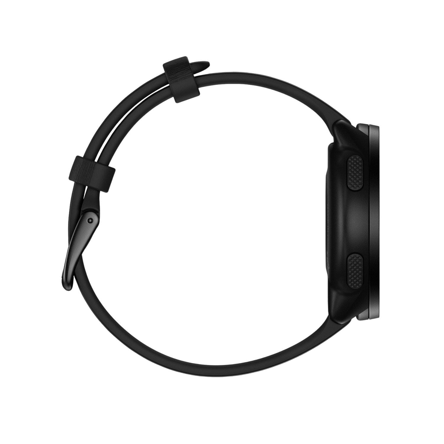 A black smartwatch with a black strap. The watch face is circular, with buttons on its right side.