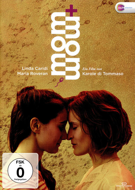 DVD-Cover eines Films mit zwei Frauen, die sich gegenüberstehen. Der Titel lautet „mom + mom“.