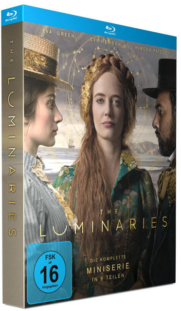 Eine Blu-ray-Box-Set von 'The Luminaries' mit den Schauspielern Eva Green, Eve Hewson und Himesh Patel.