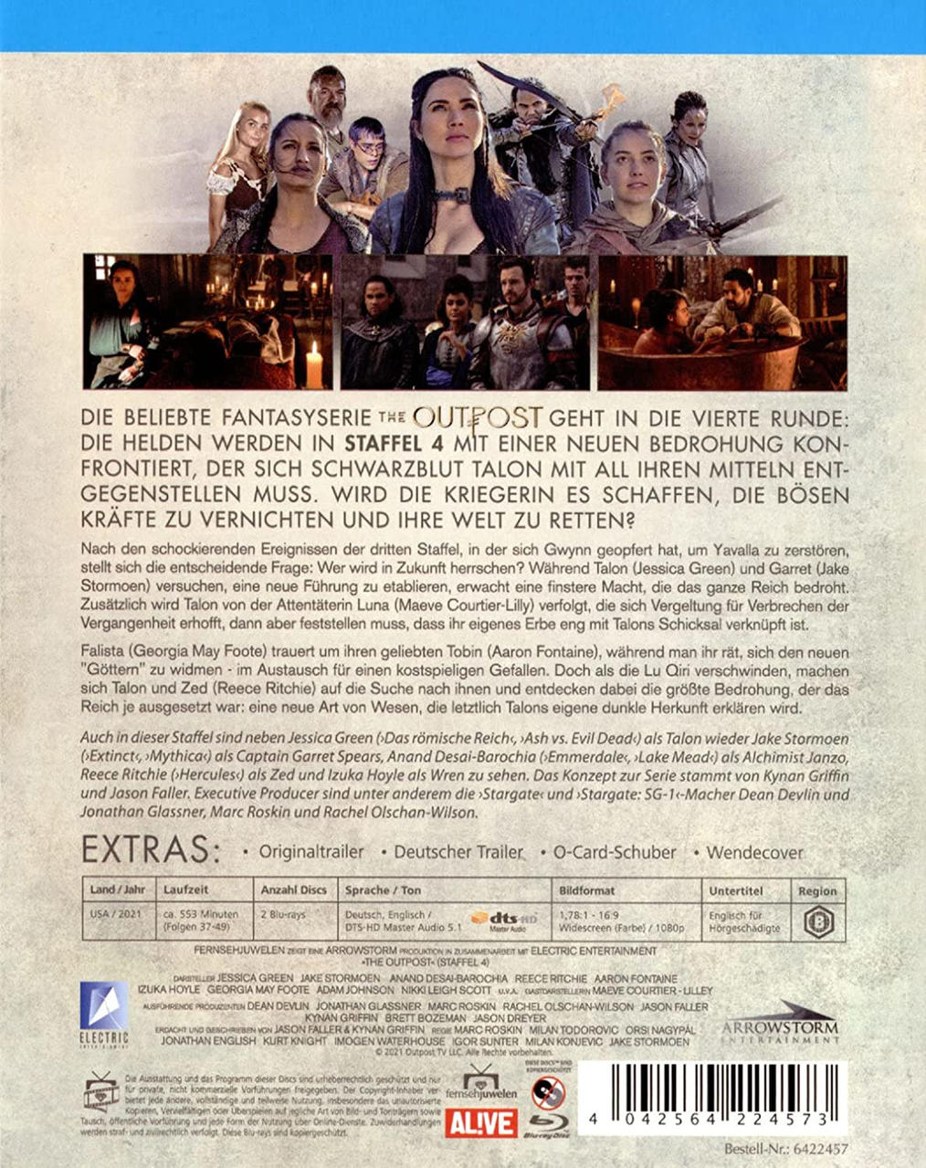 DVD-Rückseite. Text über die Serie 'The Outpost'. Bilder von Darstellern und Serienlogo sind vorhanden.