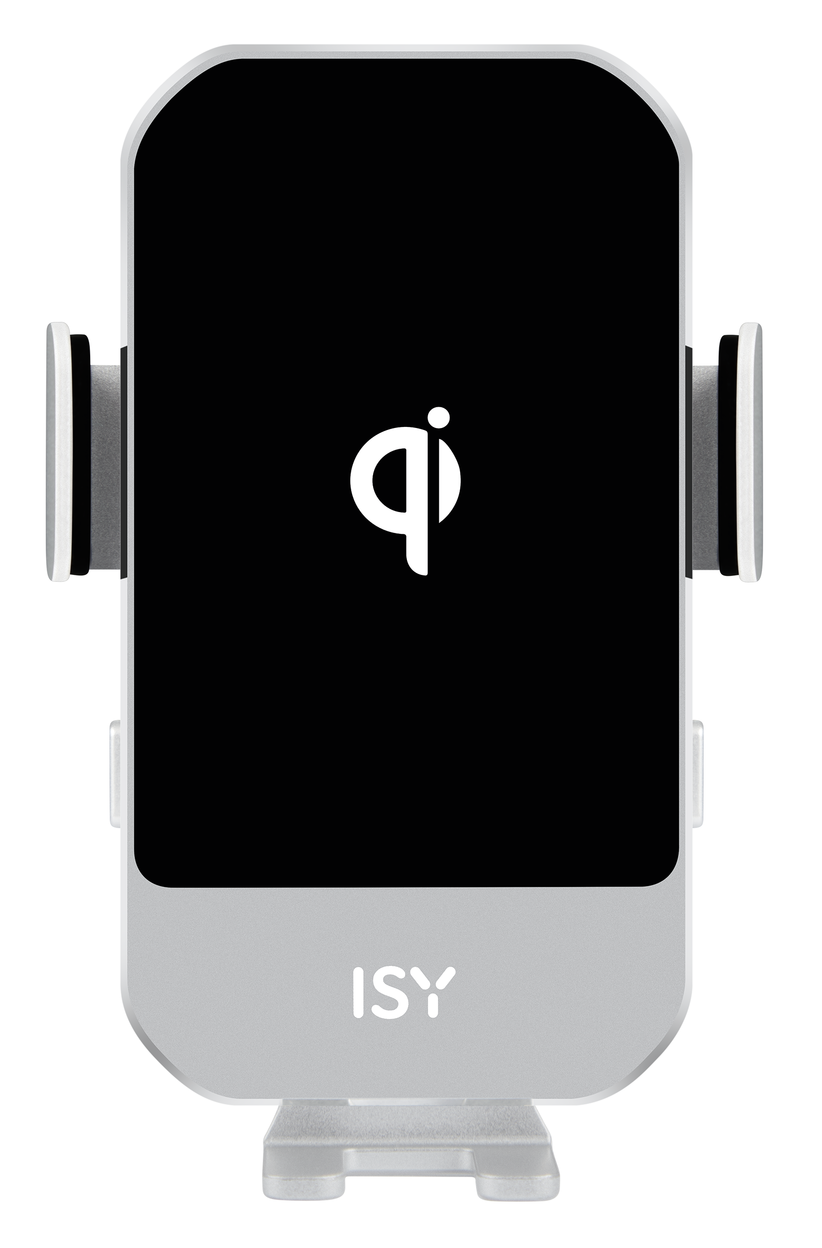 Ein kabelloses Telefonladegerät. Es ist schwarz und hat ein weißes 'qi'-Logo.