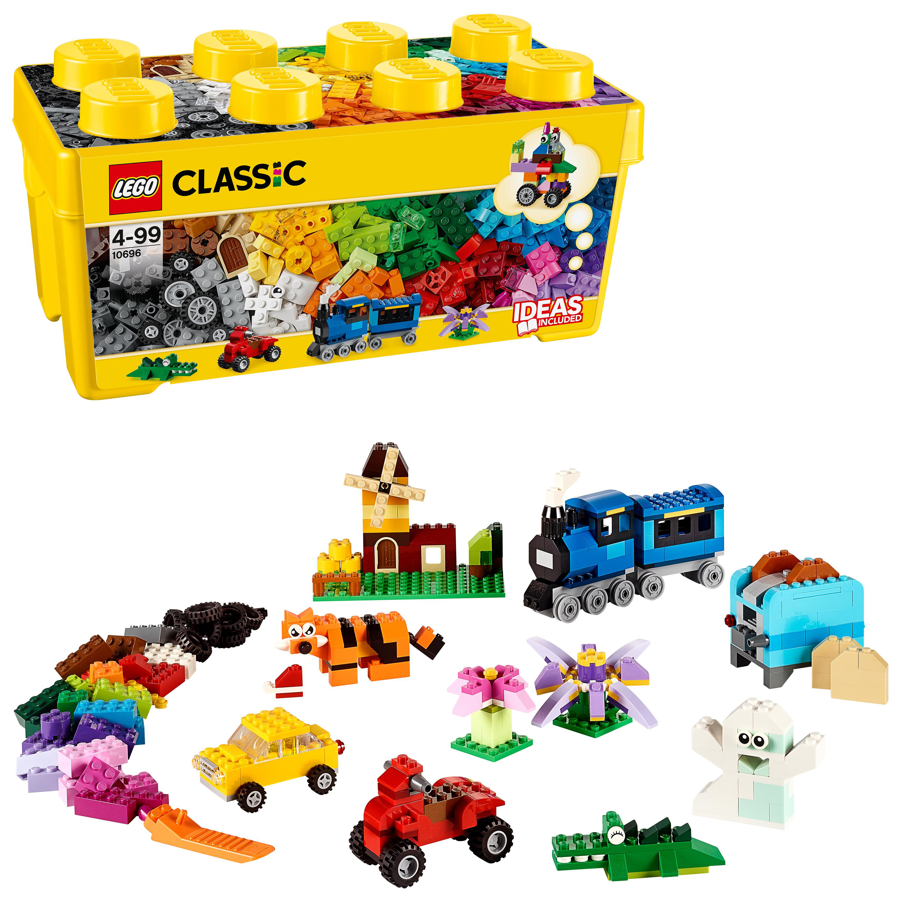 Ein Lego Classic Set mit gelber Aufbewahrungsbox. Verschiedene Lego-Figuren und -Bausteine liegen herum.