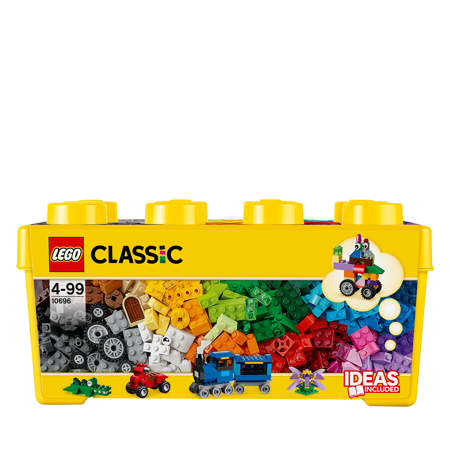 Gelbe Lego Classic Box. Innen diverse Lego-Steine mit kleinen Lego-Modellen von Auto und Zug.