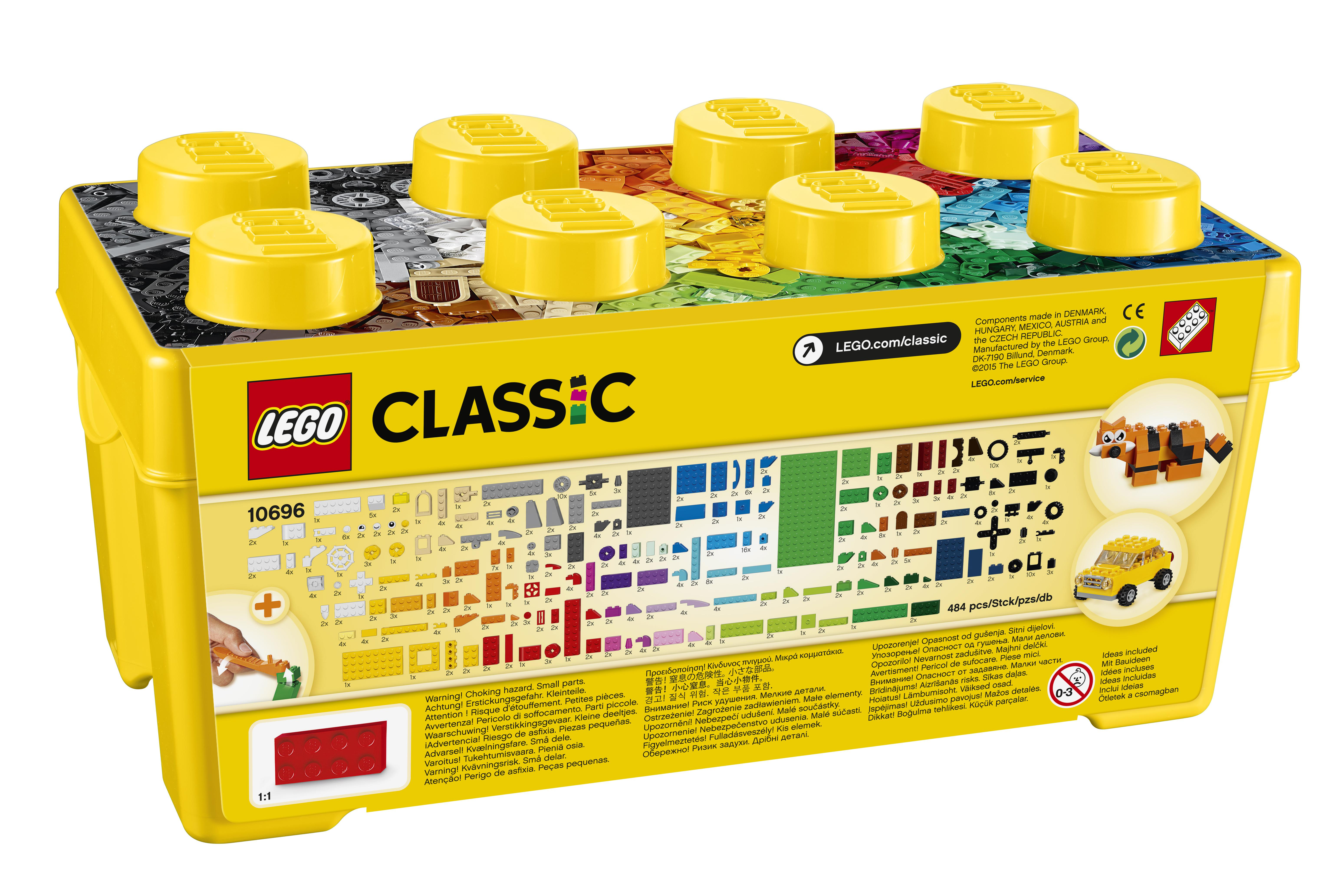 Eine gelbe LEGO Classic Box mit verschiedenen bunten Bausteinen.
