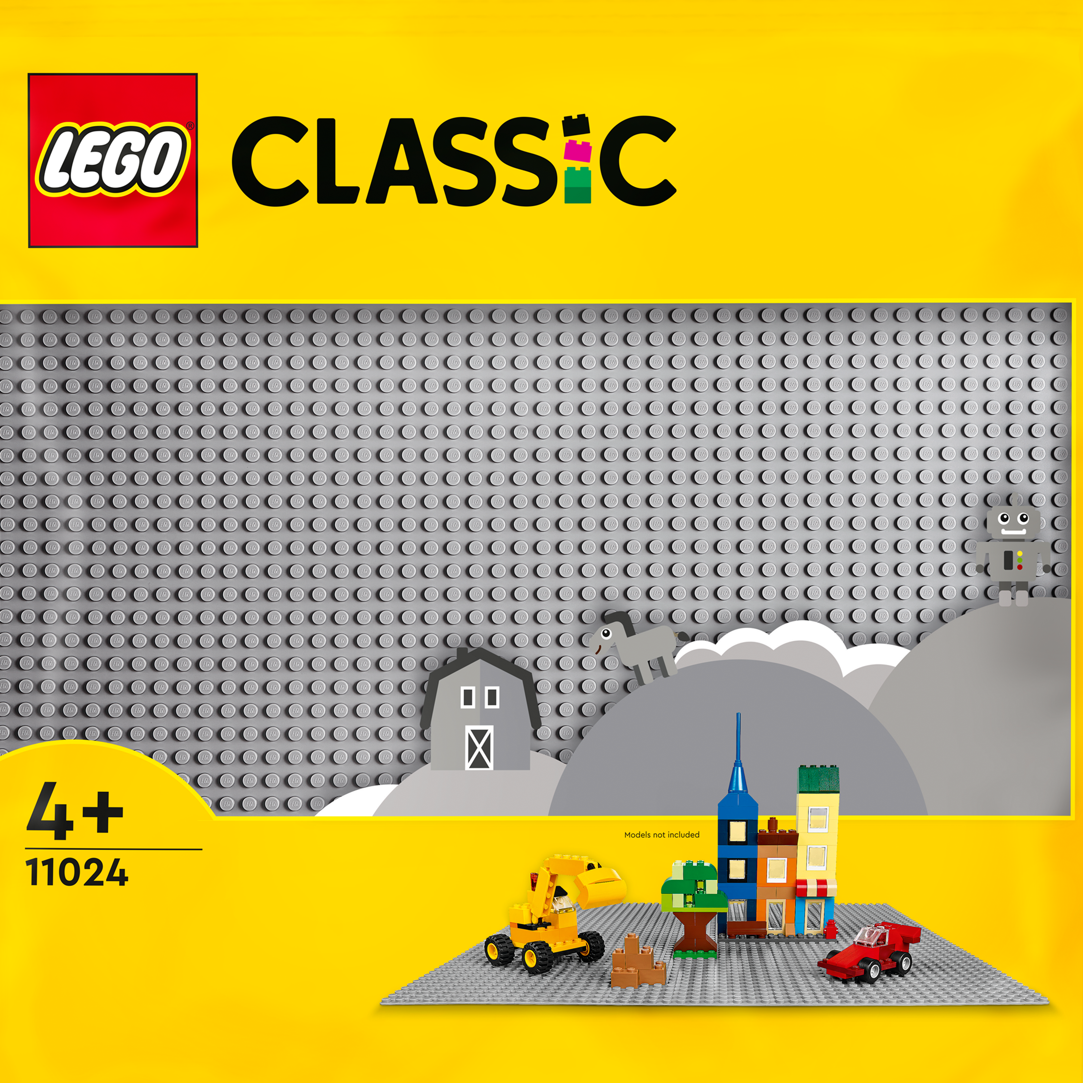 LEGO Classic Grundplatte mit LEGO-Modellen. Ein rotes Auto, gelbes Baufahrzeug und ein Haus.