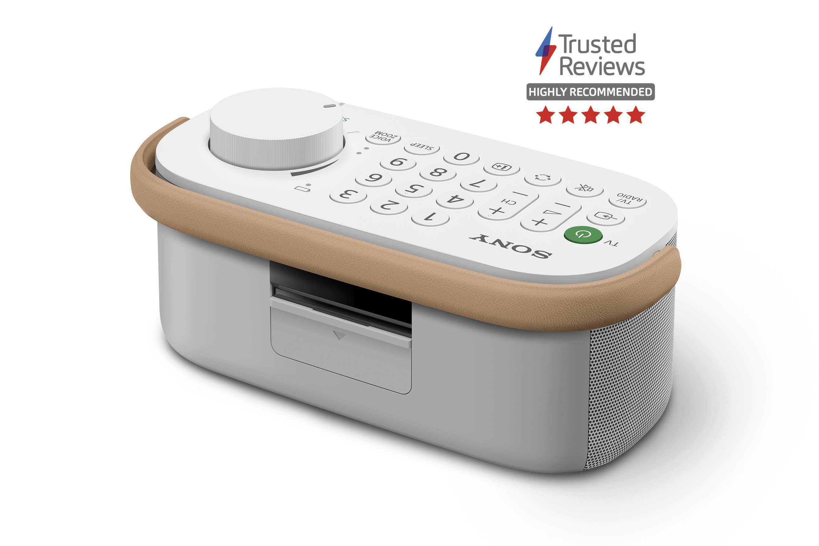 Un dispositivo Sony blanco y beige con botones, una pantalla y un dial, con una insignia de reseñas confiables.