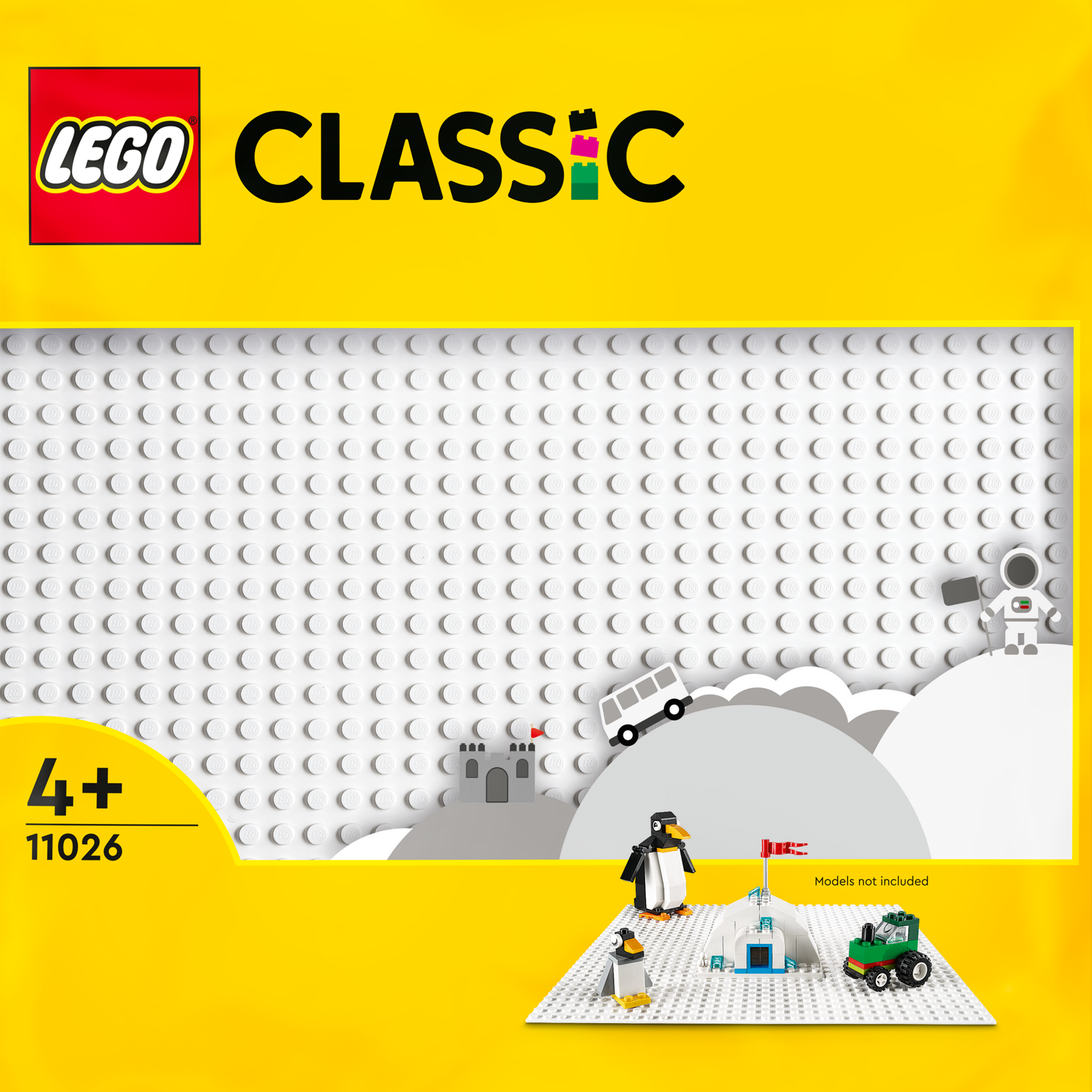 LEGO Classic Set-Box mit verschiedenen Modellen. Enthält Pinguin, Traktor und Burg.