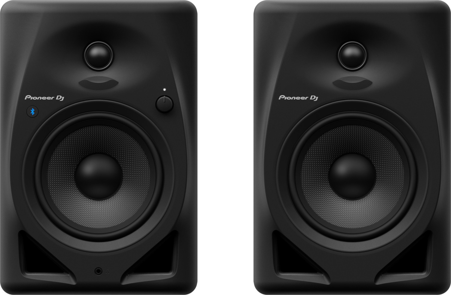 Deux enceintes Pioneer DJ noires avec logo, boutons et détails des haut-parleurs.