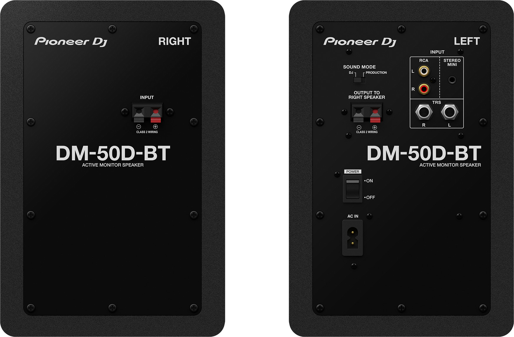 Deux enceintes Pioneer DJ noires. Les entrées et sorties sont étiquetées au dos de chaque enceinte.