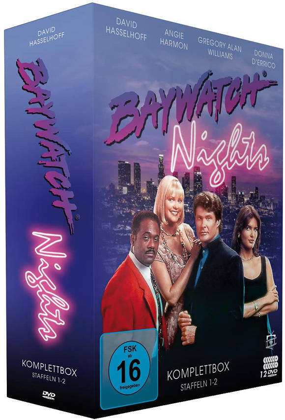 Baywatch Nights DVD-Box-Set mit Bildern der Schauspieler und Skyline im Hintergrund.