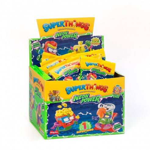 Una caja de juguetes SuperThings Neon Power, con muchos paquetes coloridos y figuras de juguete expuestas.