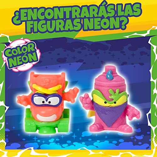 Dos figuras Superzings coloridas sobre un fondo vibrante, para color neón.