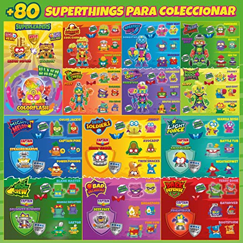 Una tarjeta Superthings colorida con varios personajes y logotipos. Muchos superhéroes y villanos.