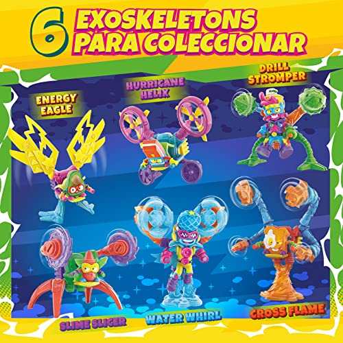 Seis figuras de acción coloridas de exoesqueletos, cada una con diseño único y nombre.