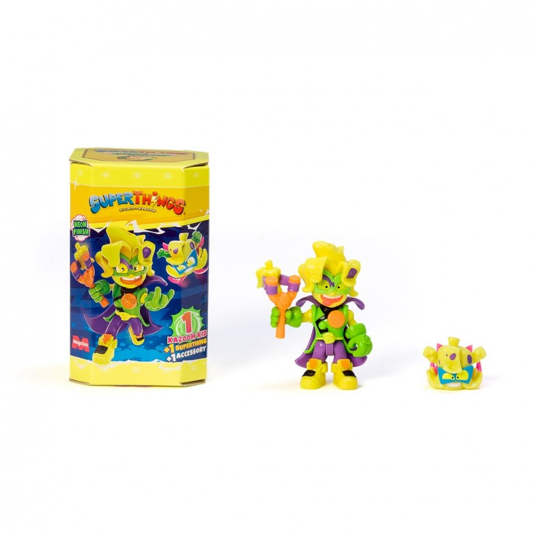 Figura de SuperThings con accesorios y embalaje.