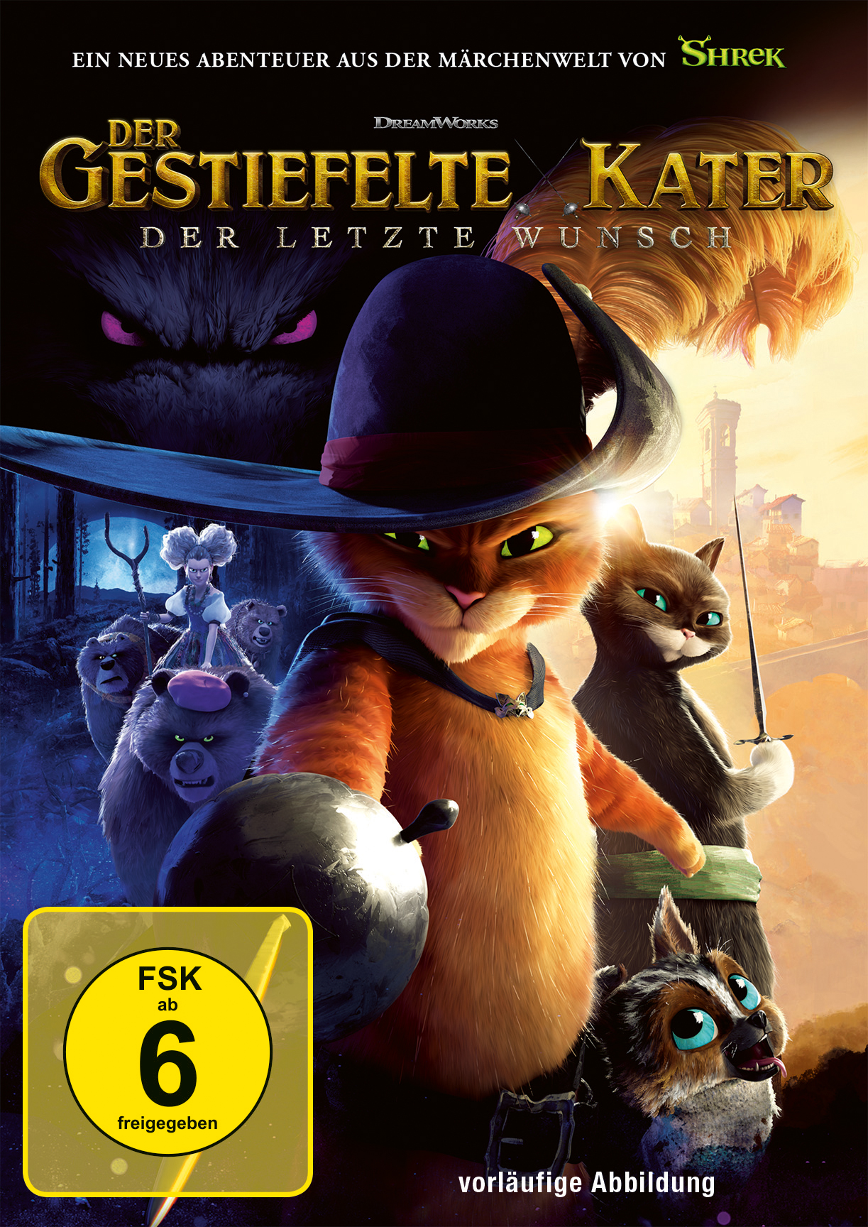 Filmposter des Films Der gestiefelte Kater, eine Katze mit Hut, mit anderen Charakteren.