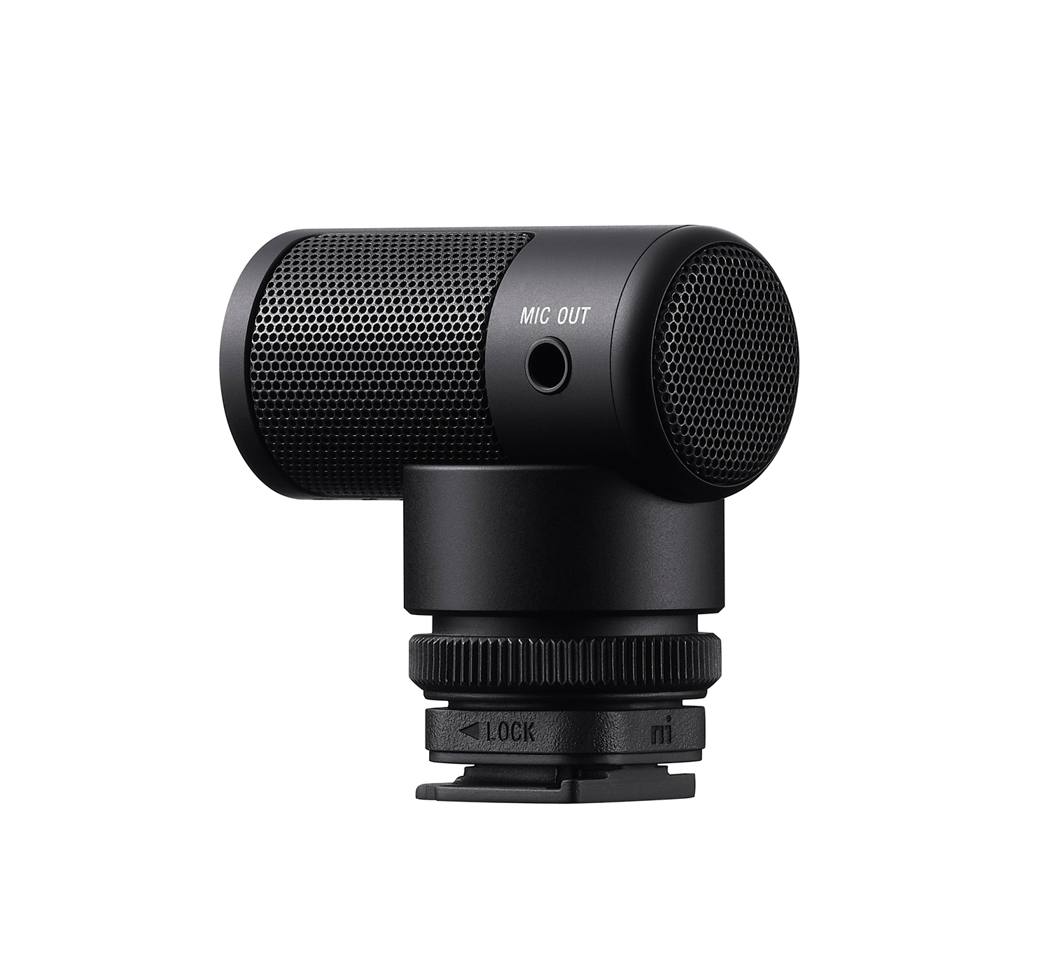 A black microphone with a mesh front and mic out port.
