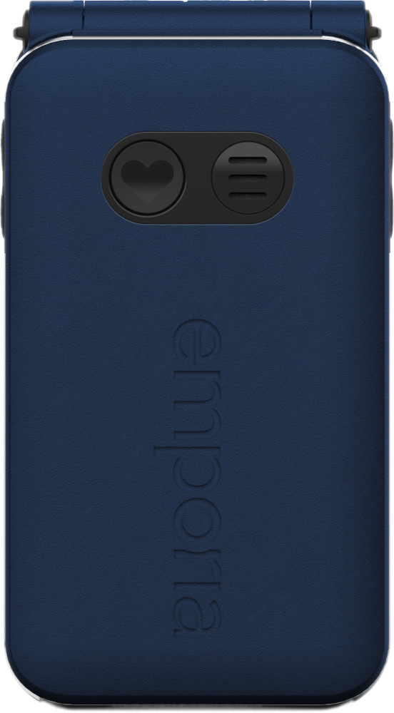 Blaues Klapphandy mit Emporia-Logo und Herz- und Menütasten. Es ist ein geschlossenes Telefon.