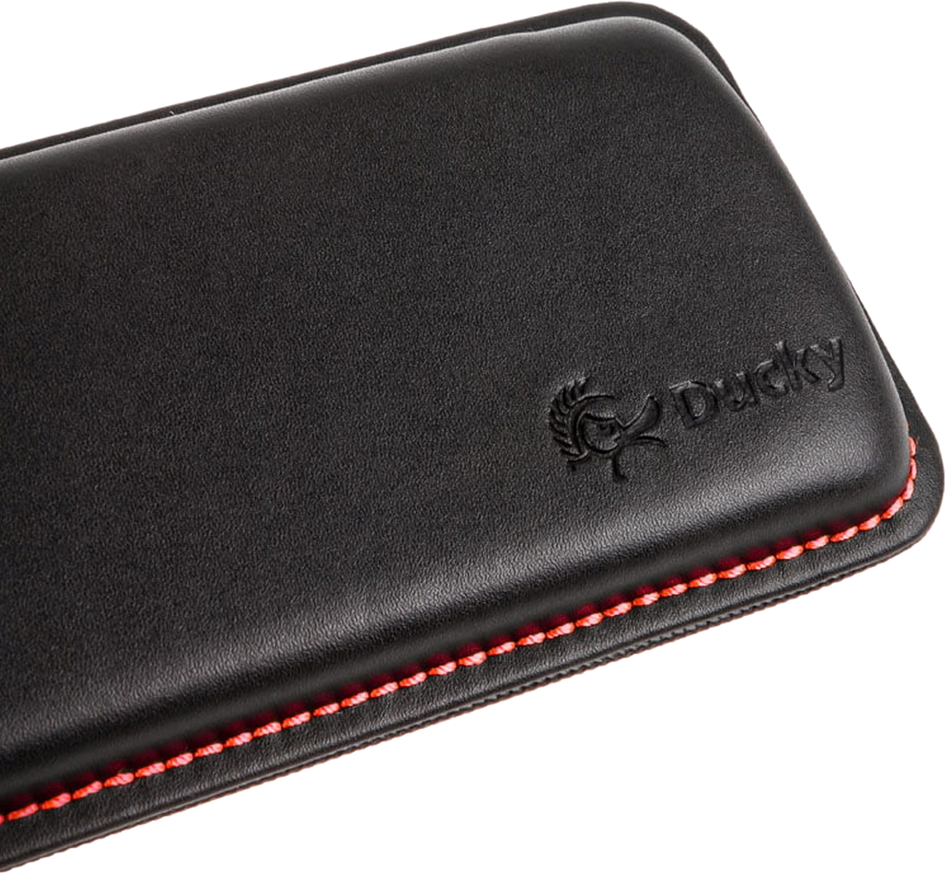 Custodia in pelle nera con cuciture rosse e logo Ducky.