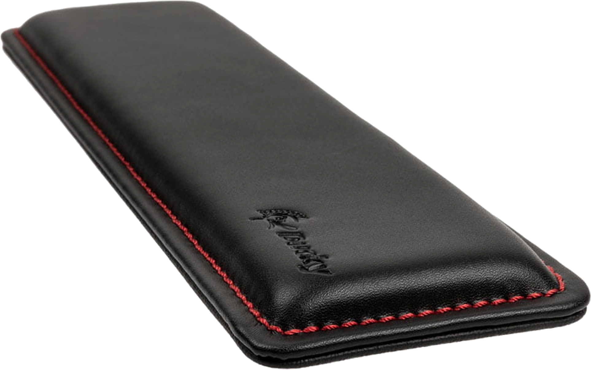 Custodia in pelle nera con cuciture rosse e logo impresso.