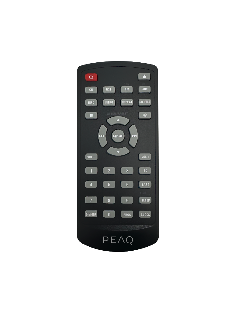 Schwarze PEAQ-Fernbedienung mit verschiedenen Tasten auf schwarzem Hintergrund. CD-, USB-, FM- und AUX-Tasten sind sichtbar.