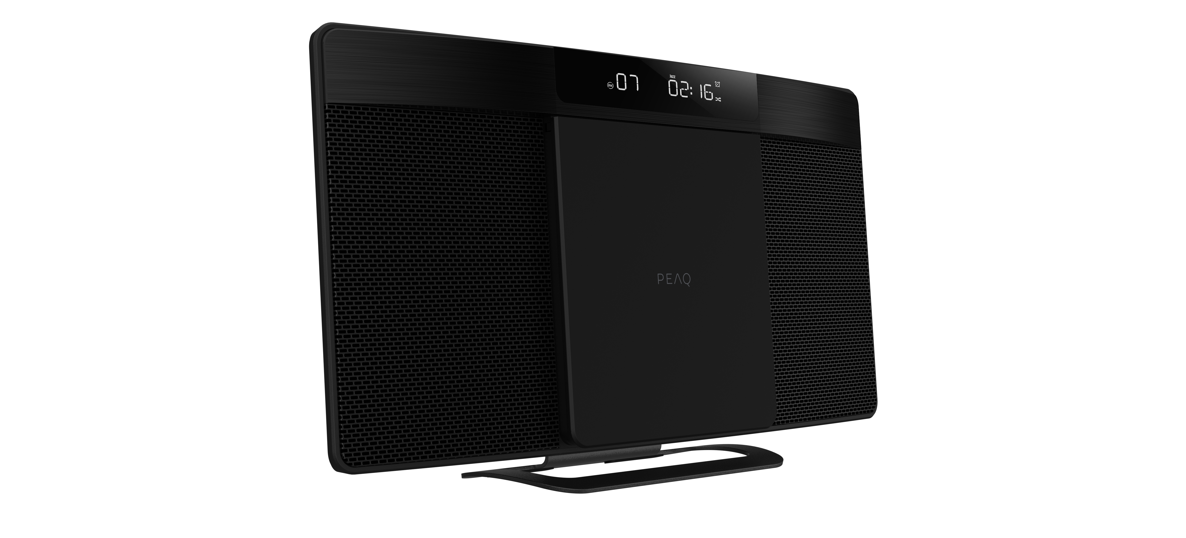 Schwarzes Audiogerät mit Display, Gitterlautsprechern und Ständer, isoliert auf schwarzem Hintergrund.