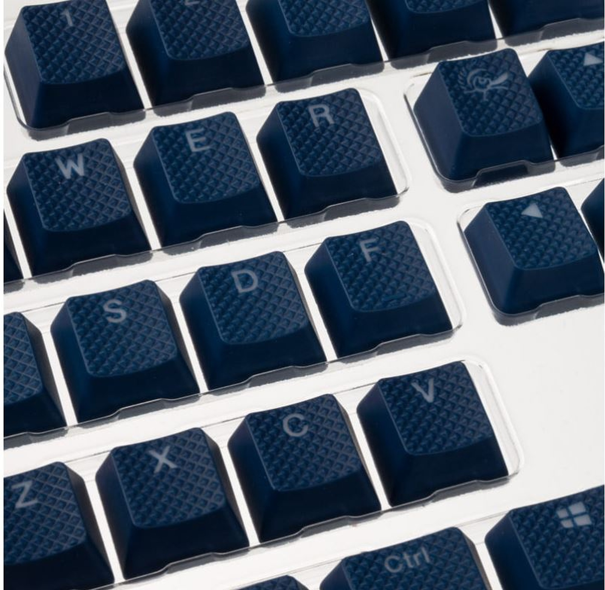 Nahaufnahme einer Tastatur mit blauen Tasten und weißem Rahmen. Fokus auf die Buchstaben.