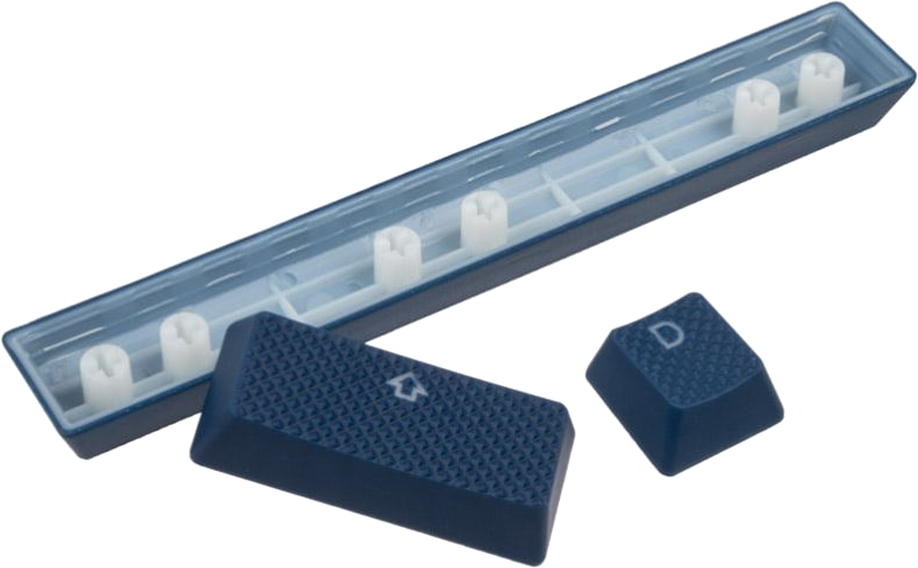 Nahaufnahme von dunkelblauen Tastaturtasten, eine lange Leiste und zwei Tasten mit 'D' und einem Logo.
