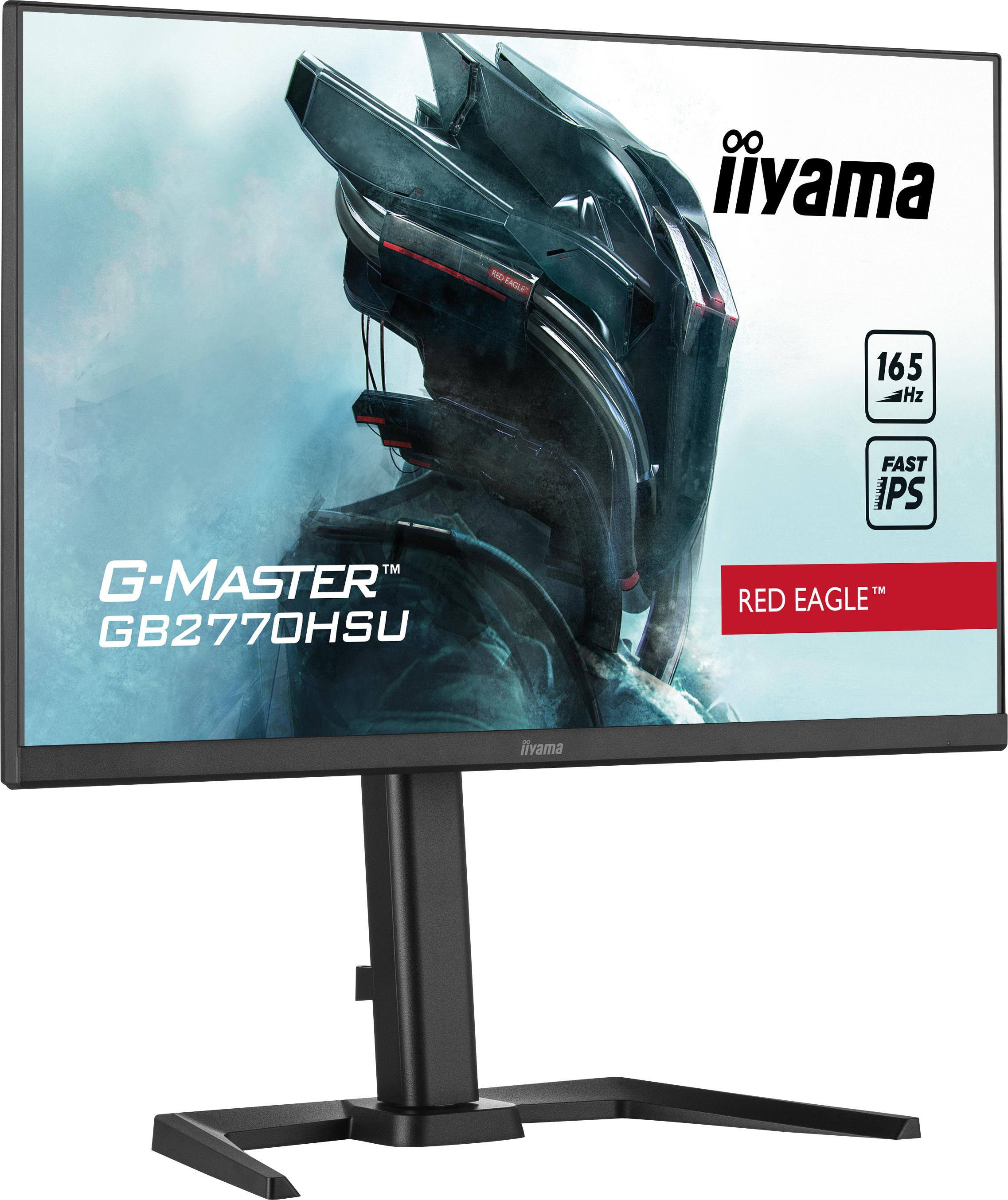Gaming-Monitor mit Mech-Grafik, roten Akzenten und Text auf dem Bildschirm.