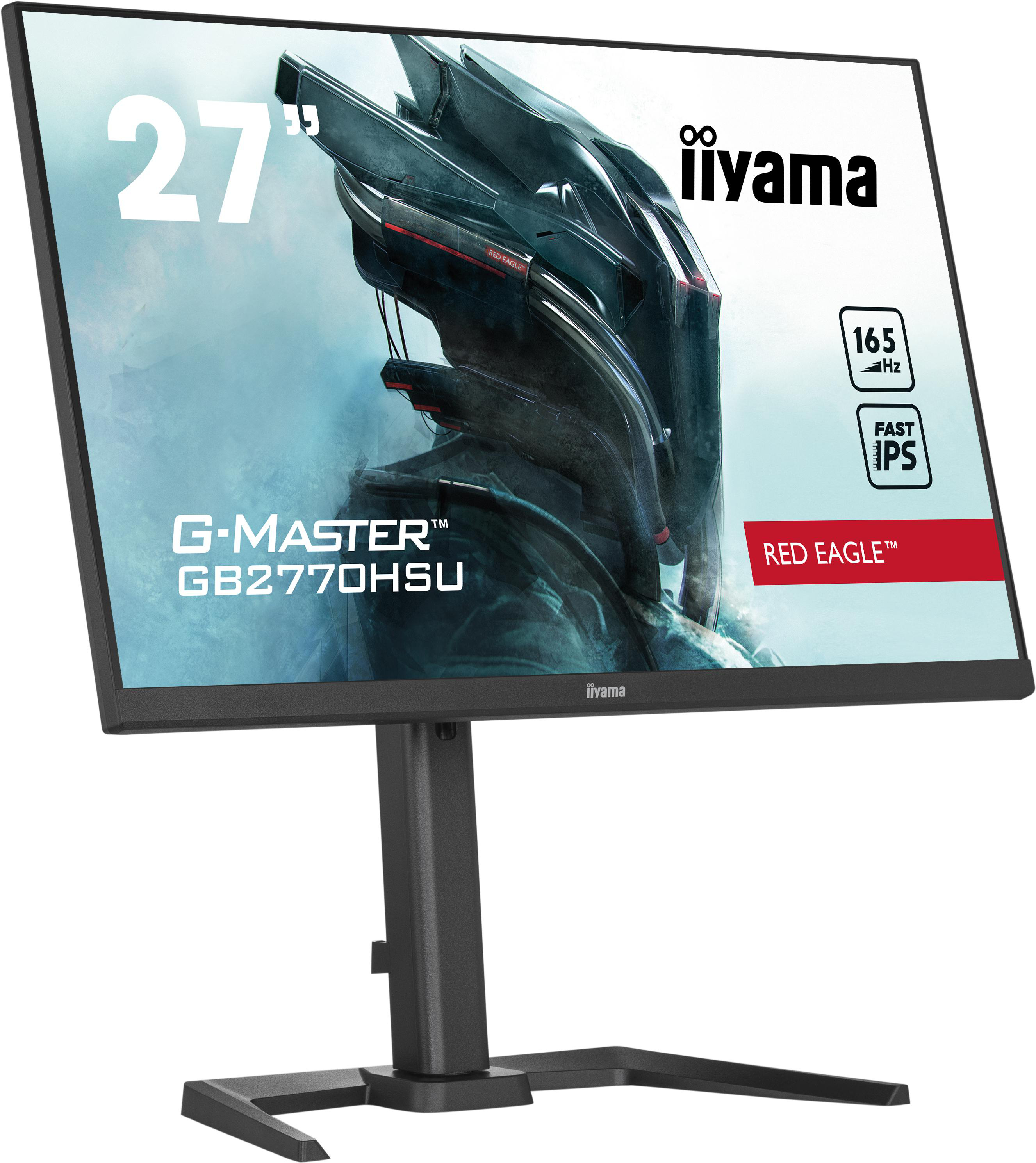 Ein 27-Zoll-iiyama-Monitor mit Gaming-Motiv. Der Bildschirm zeigt ein futuristisches Bild. Schwarzer Ständer.