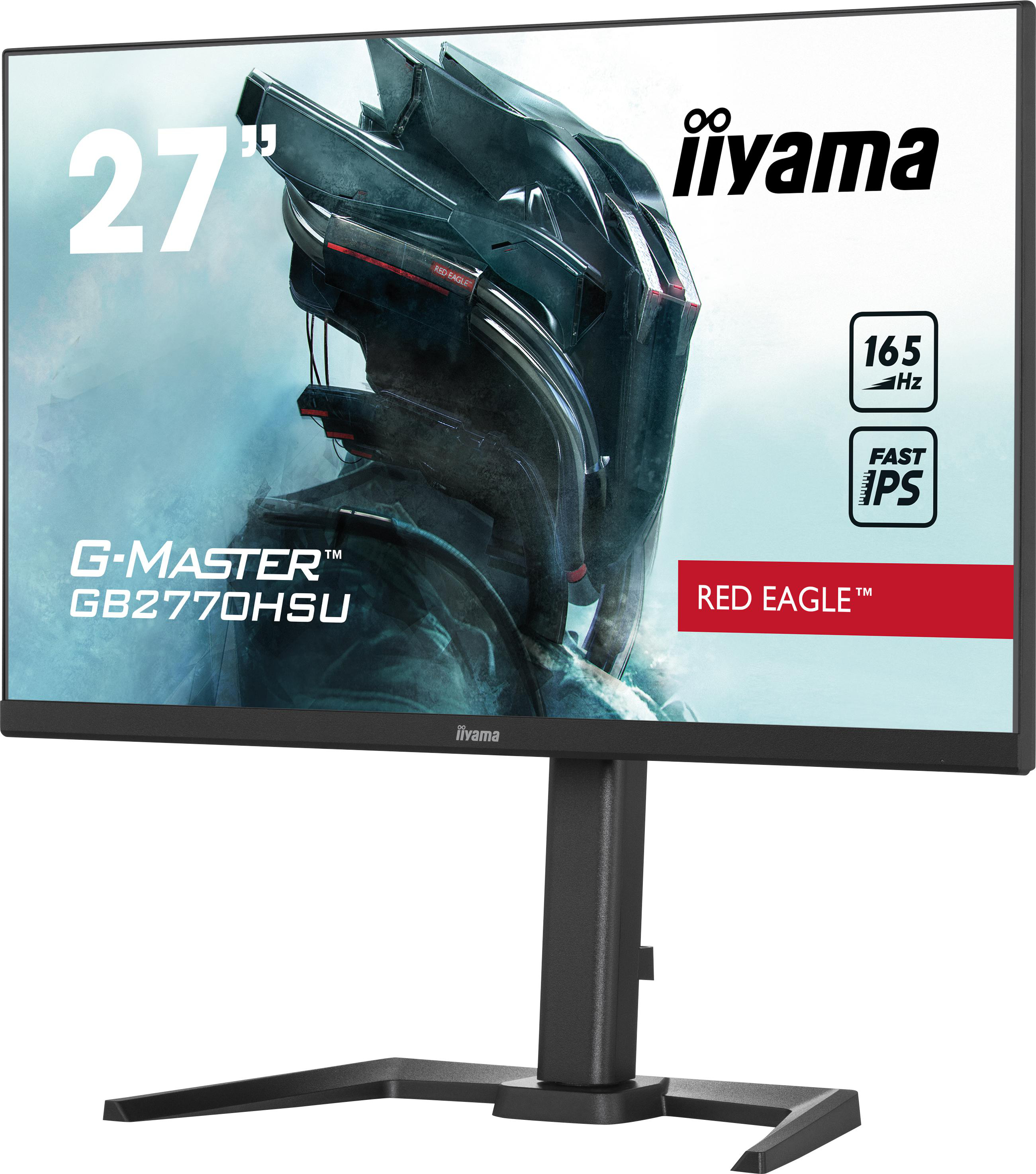 Ein Computermonitor mit schwarzem Rahmen. Zeigt eine futuristische Grafik und Spezifikationen.