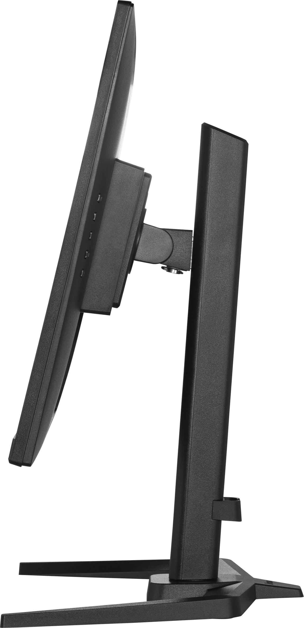 Ein schwarzer Computermonitor, Seitenansicht, mit Ständer und weißem Hintergrund.