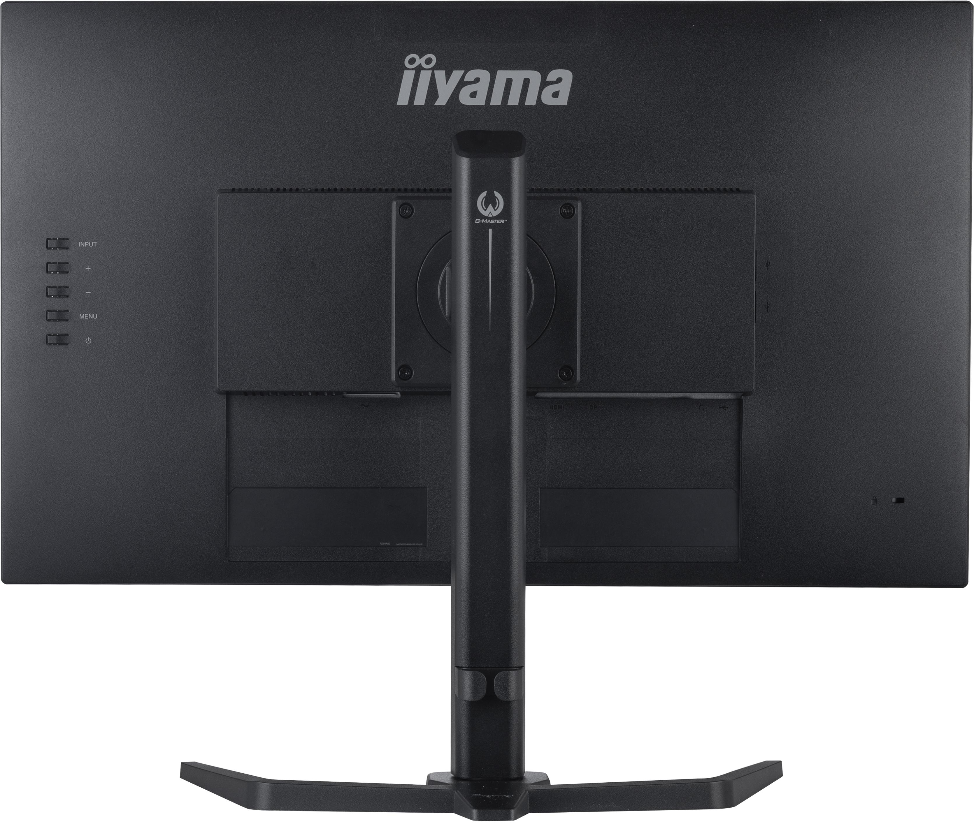 Rückseite eines schwarzen Computermonitors mit Ständer. Markenname iiyama. Eingabe-, Menütasten sichtbar.