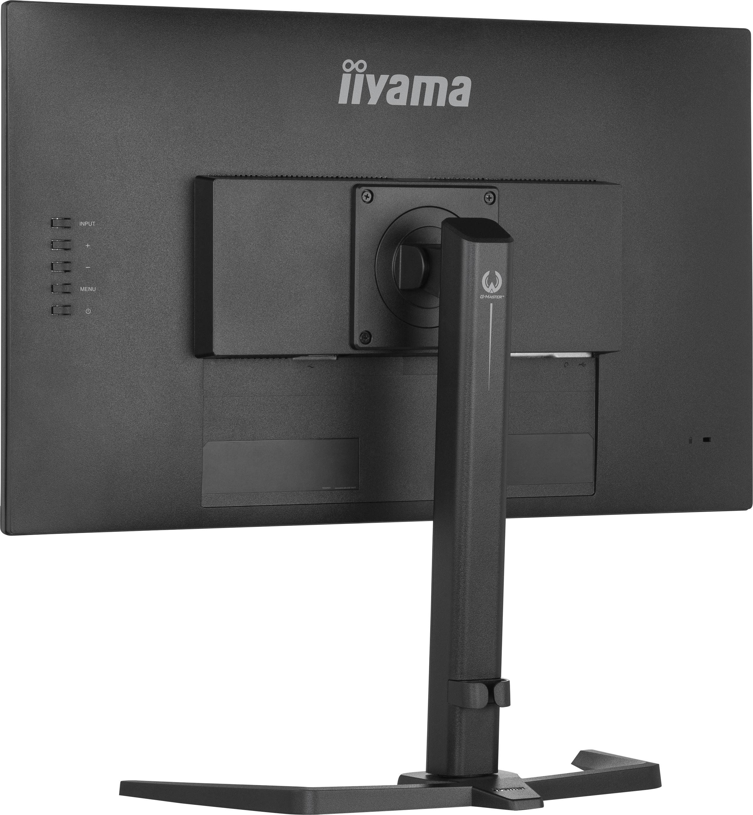 Rückseite eines schwarzen Computermonitors mit iiyama-Logo und angebrachtem Ständer.