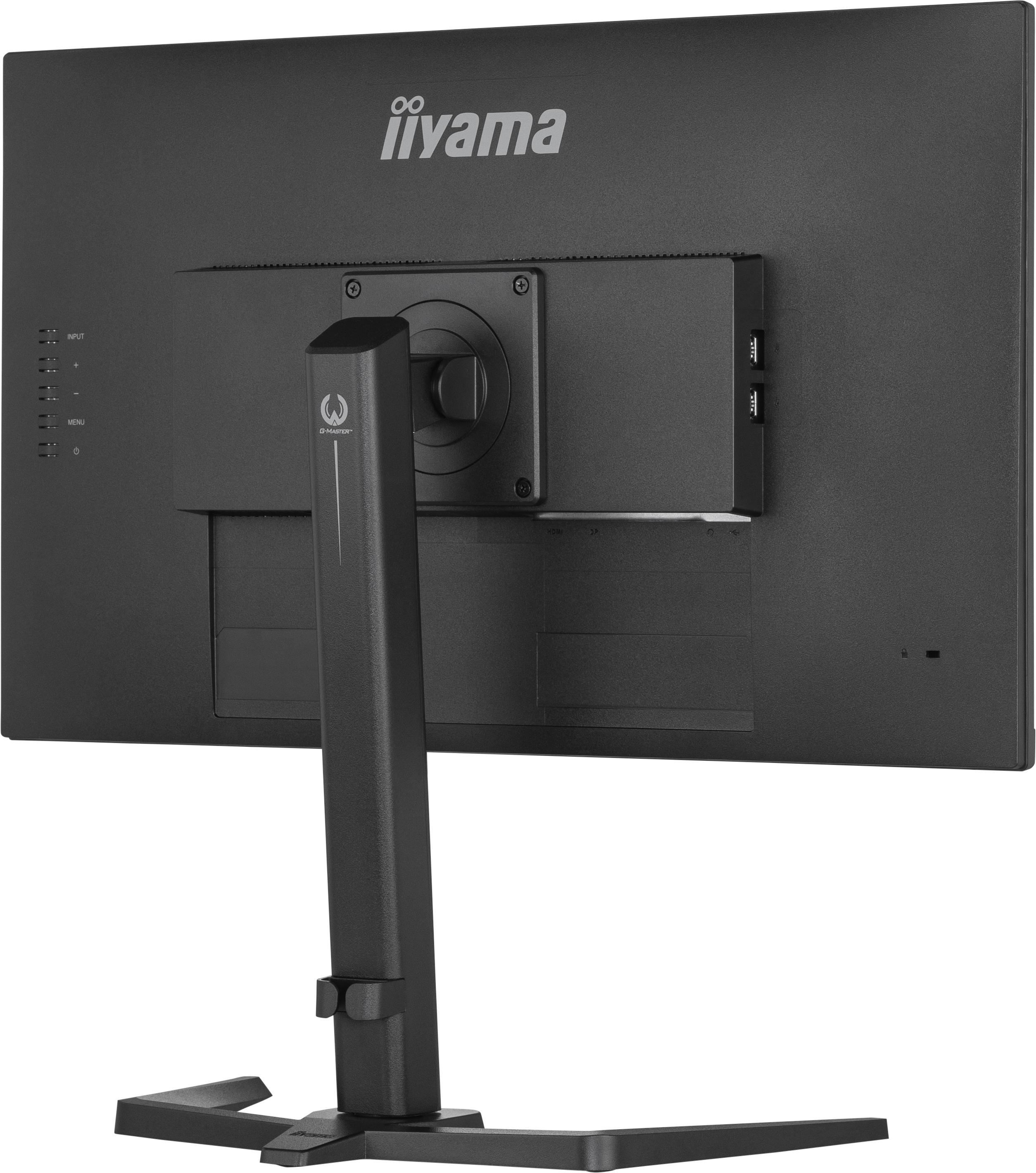 Die Rückseite eines schwarzen Computermonitors mit Ständer und Anschlüssen.