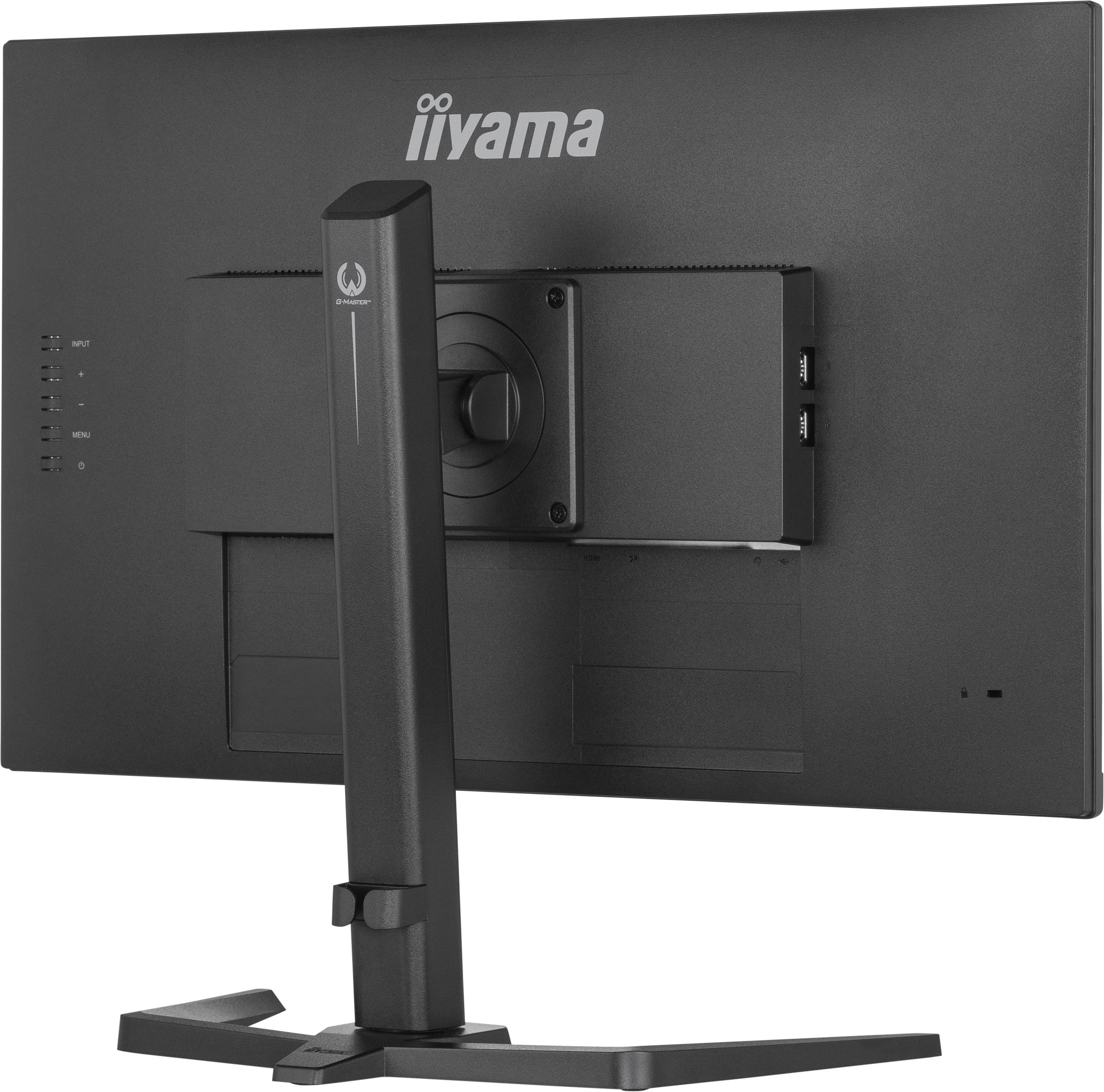 Die Rückseite eines schwarzen iiyama-Monitors, mit Anschlüssen und Ständer.