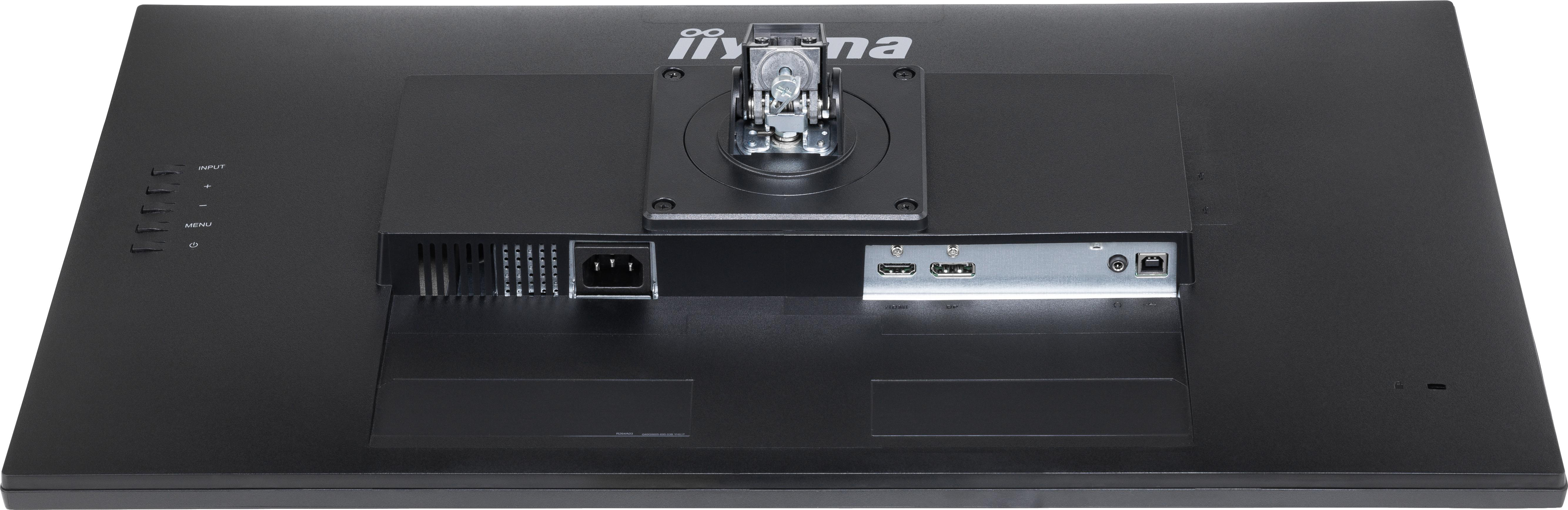 Rückseite eines schwarzen Monitors mit Anschlüssen und Halterung. Markenname 'iiyama' sichtbar.