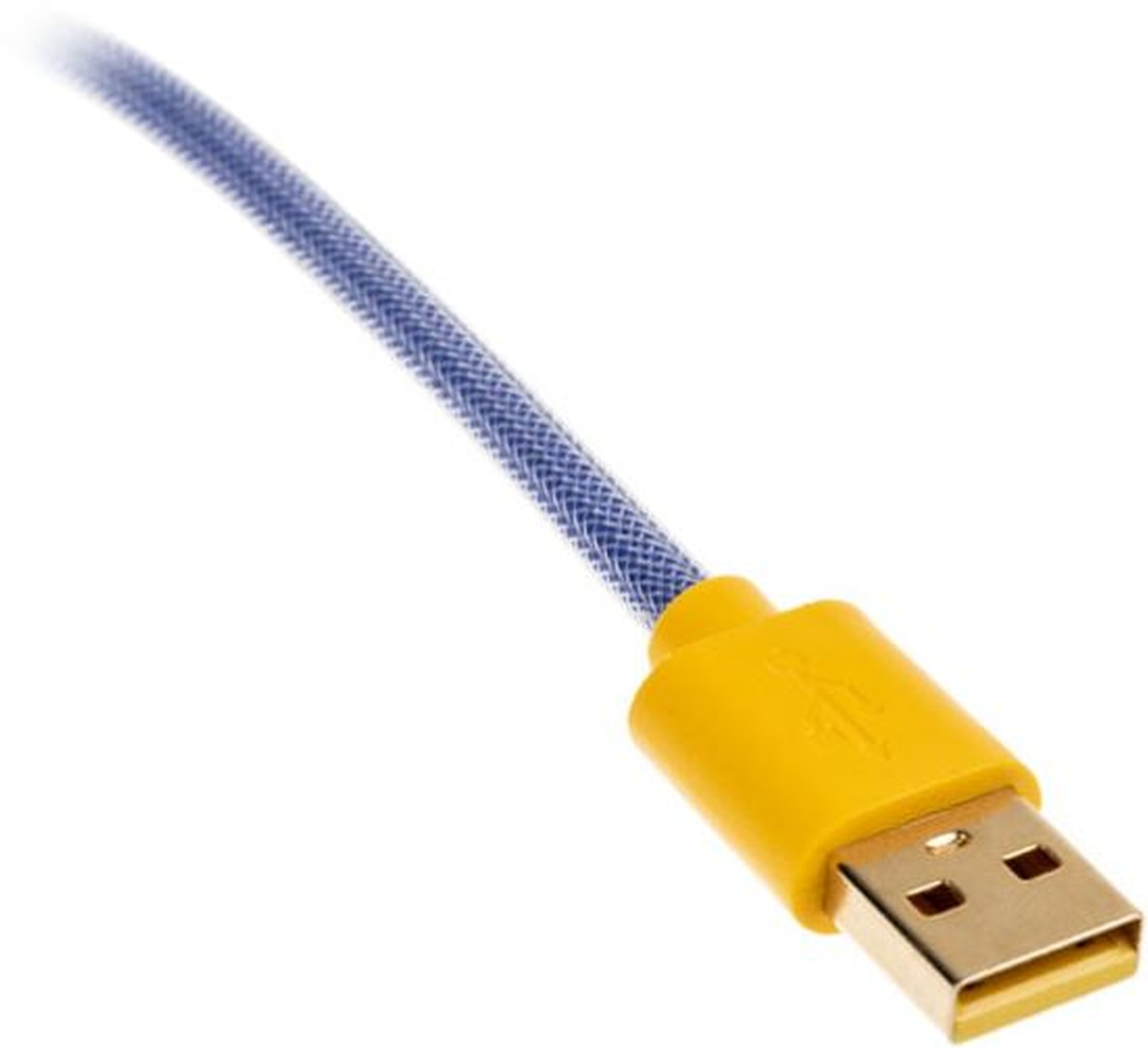 Ein gelber USB-Anschluss mit einem blau geflochtenen Kabel vor weißem Hintergrund.
