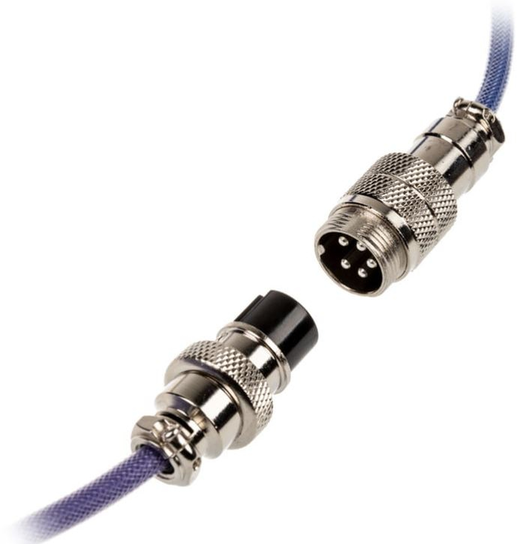 Zwei silberfarbene Rundsteckverbinder mit Pins, verbunden durch blaues Kabel.