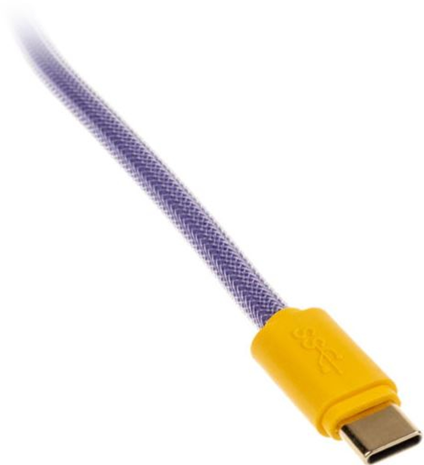 Lila und gelbes USB-C-Kabel. Der USB-C-Anschluss befindet sich am rechten Ende.
