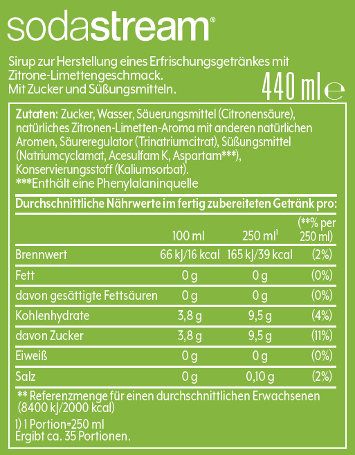 Nährwertangaben für Sodastream-Sirup mit Zutaten und Werten pro Portion.