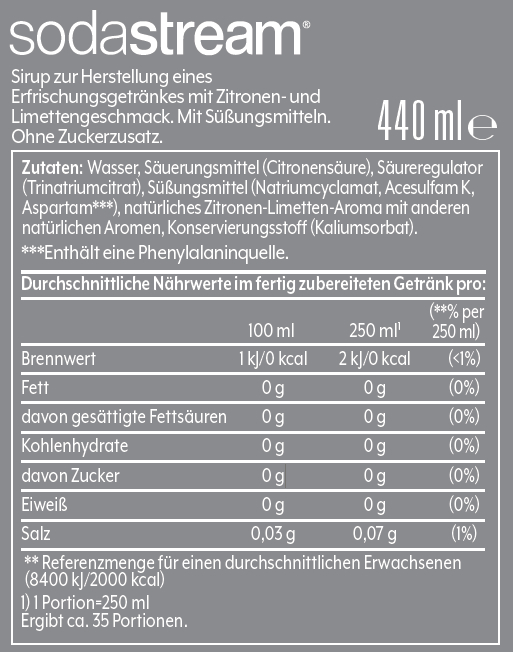 Ein Nährwertkennzeichen von einer Flasche SodaStream-Sirup. Es enthält Nährwertinformationen.