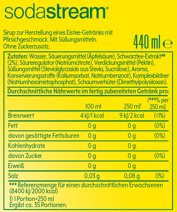 Nährwertangaben für einen Soda Stream Sirup. Enthält Zutaten und Nährwertinformationen.